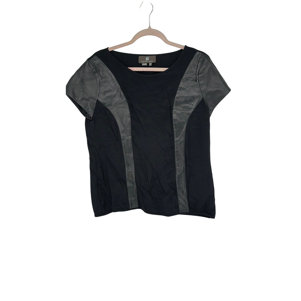 Sachin Babi Black Leather‎ Panel T-Shirt Top Short Sleeve Womens